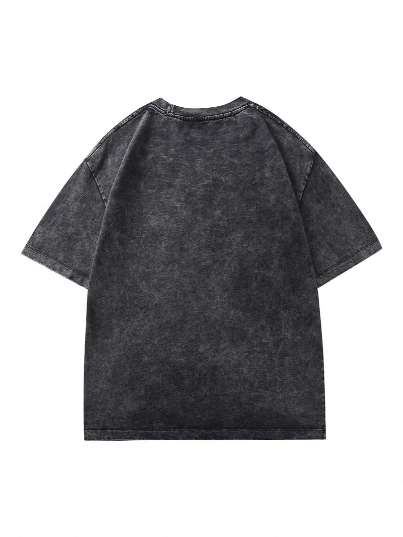 Camiseta masculina retro con lavado desgastado en algodón negro