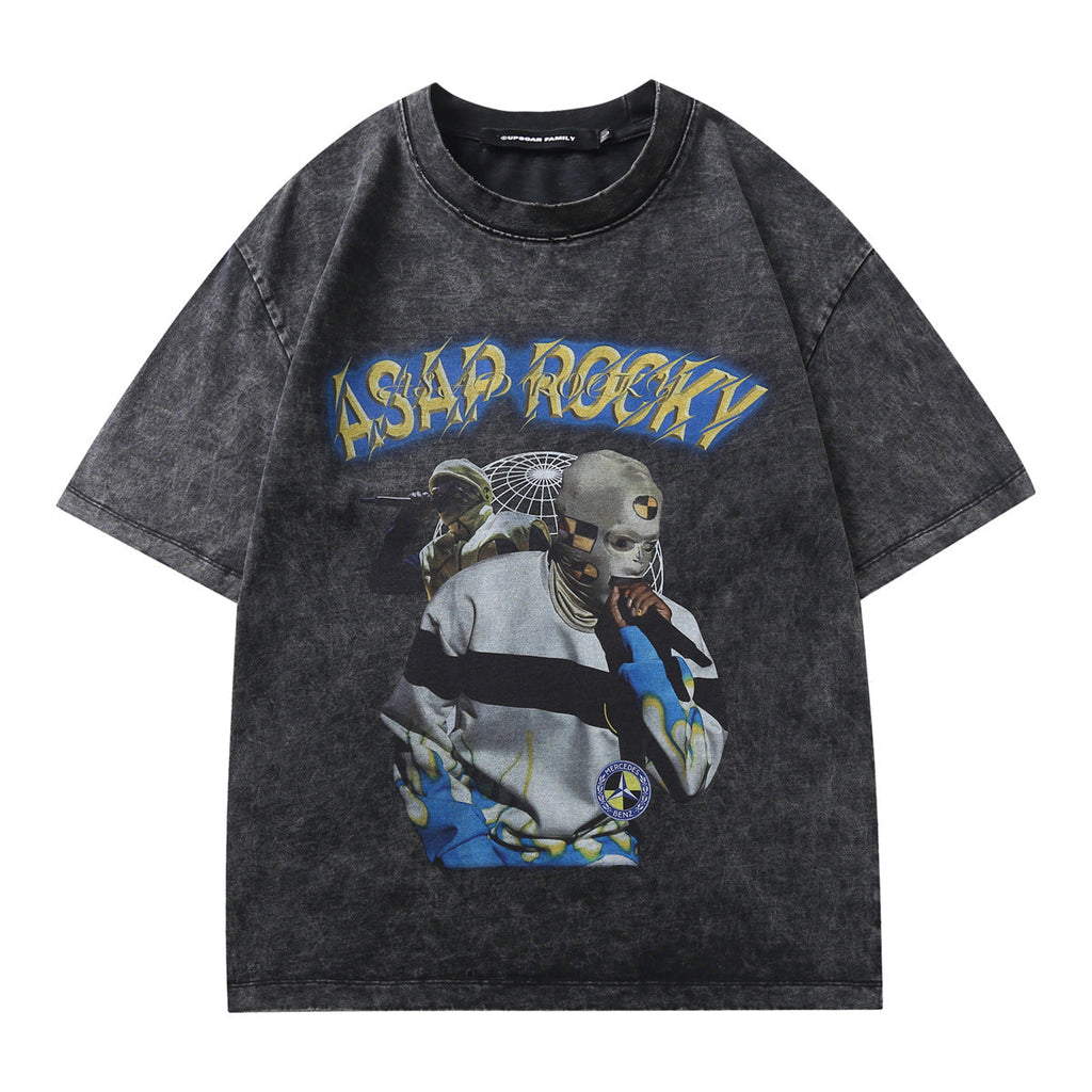 Camiseta negra retro lavado agua estilo americano algodón