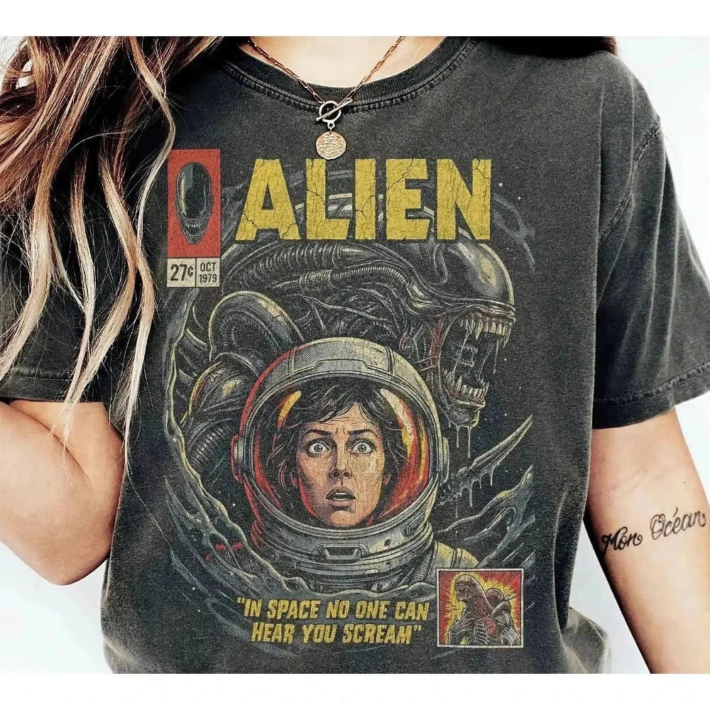 Camiseta retro alienígena masculina 1979 de algodón con diseño geométrico