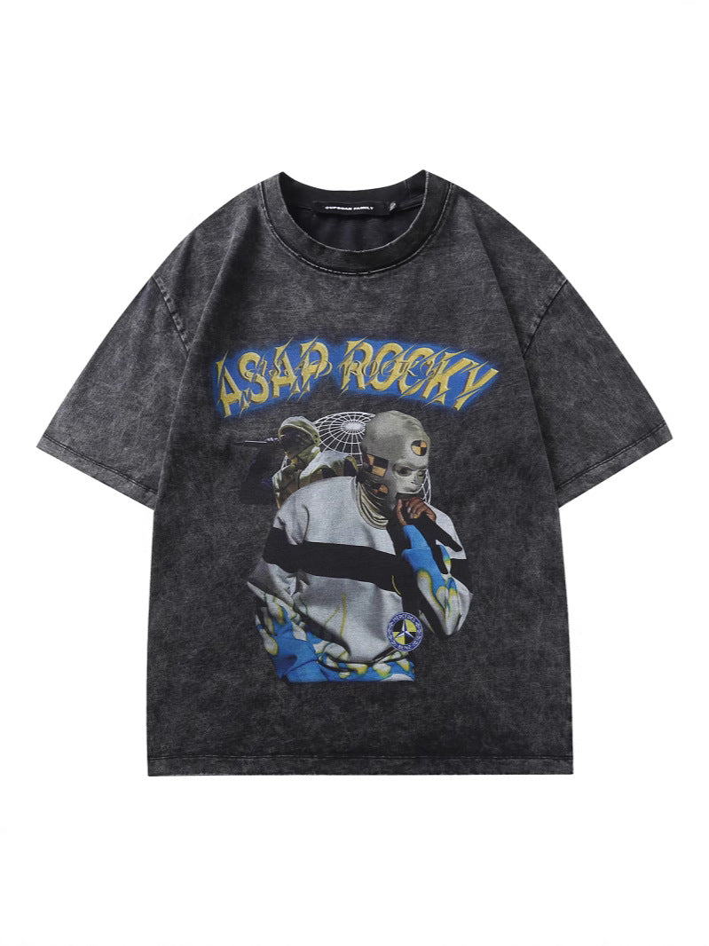Camiseta retro negra estilo lavado vintage de algodón para hombre
